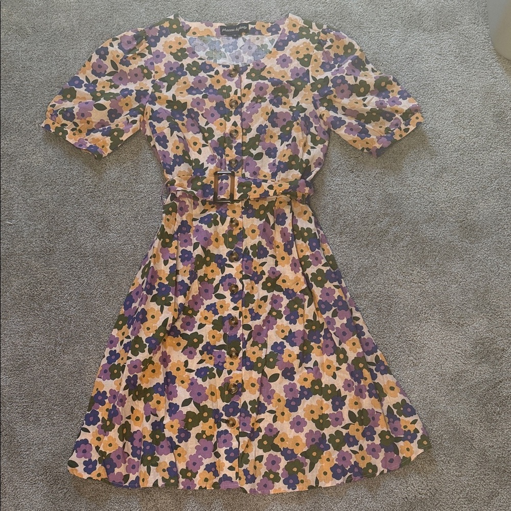 Princess Highway Size 8 Floral Belted Button-Front Dress in Purple & Yellow